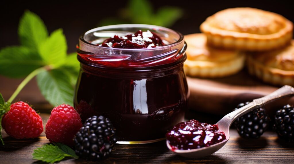 artisanal berry jam in a spoon with berries in background